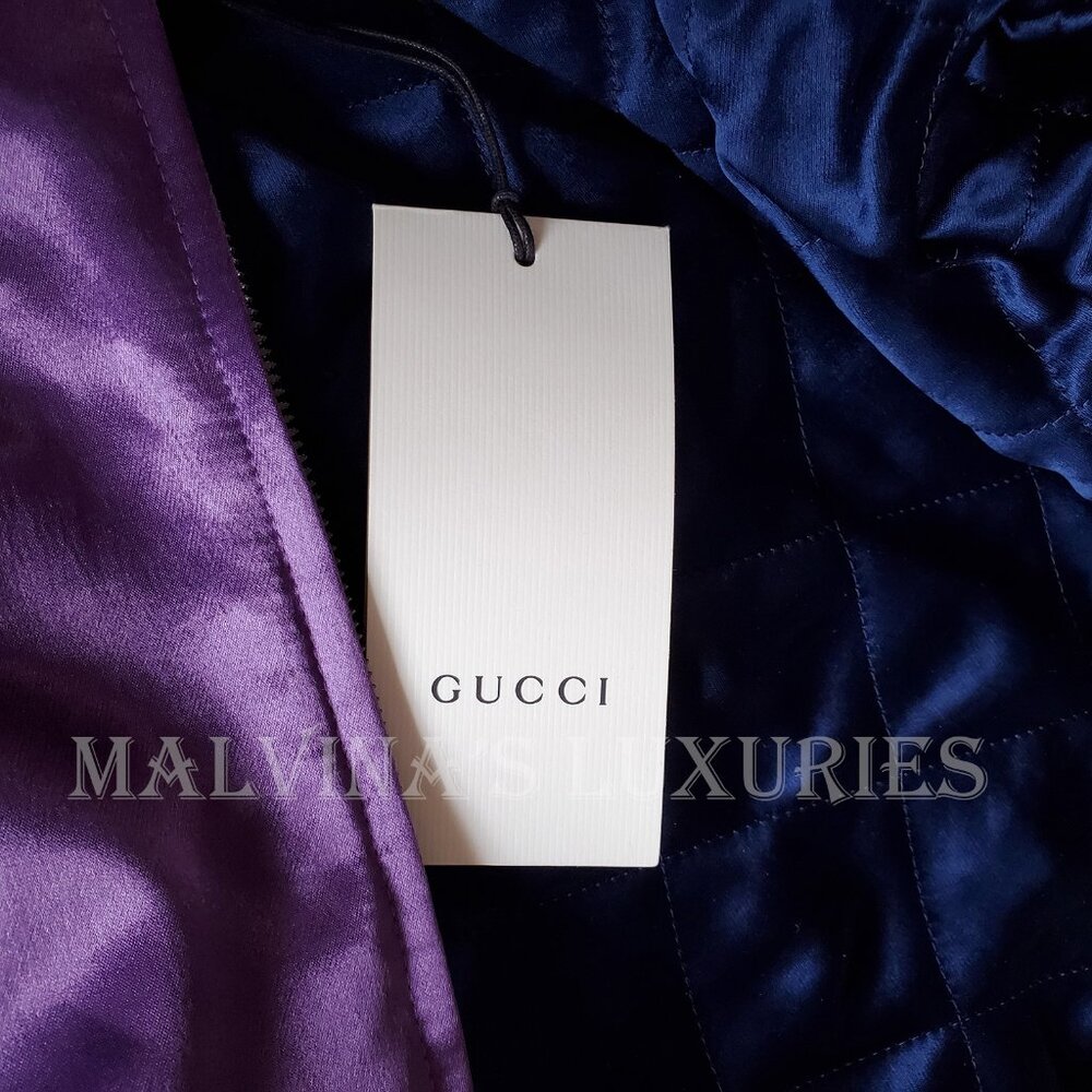 GUCCI JACKET BOMBER BOSCO ORSO PATCHES PURPLE SATIN w LOGO DETAIL - Picture 9 of 11